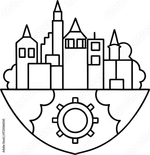 steampunk mechanical cityscape for coloring illustration on transparent background