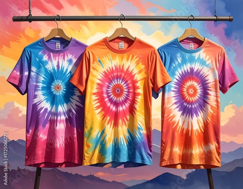 Colorful Tie-Dye T-Shirts on Hangers.