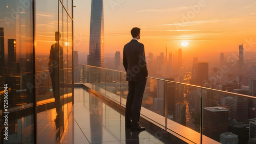 A visionary businessman in a suit stands on a high-rise balcony, looking out over a modern city skyline at a beautiful sunrise, symbolizing success and ambition