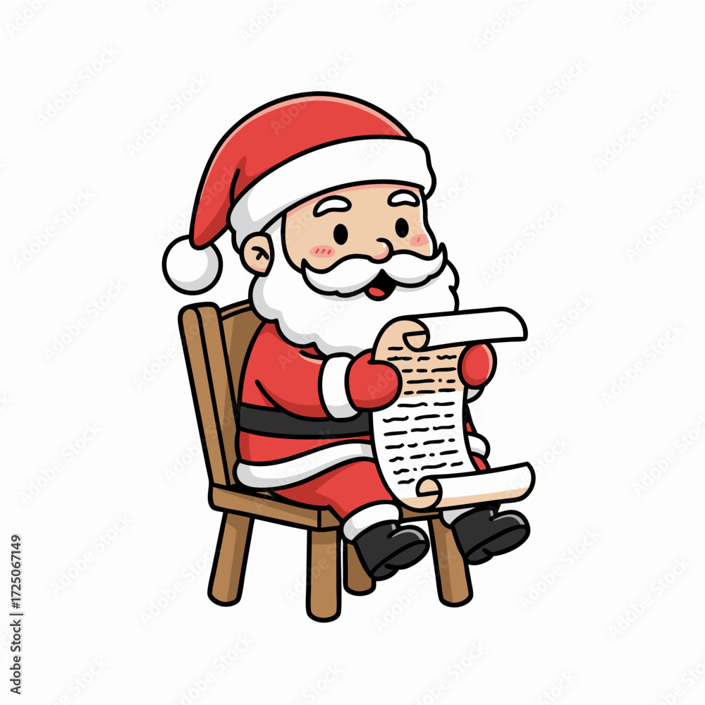 Obraz premium Charming Cartoon Santa Claus Reading a Naughty and Nice List on a Chair