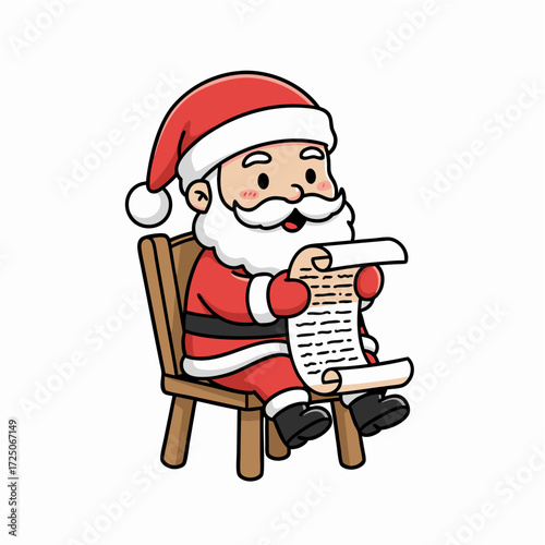 Charming Cartoon Santa Claus Reading a Naughty and Nice List on a Chair