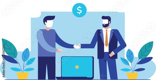 Businessmen Shaking Hands Over Laptop on Transparent Background Two businessmen