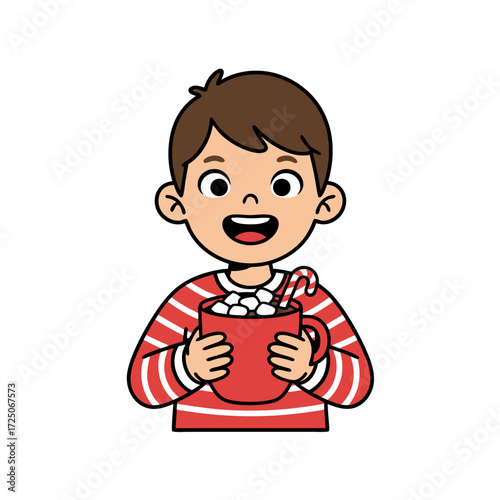 Cute Boy Enjoying Christmas Hot Chocolate with Marshmallows and Candy Cane