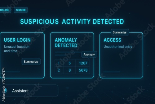 Suspicious activity alert on digital dashboard with anomaly detection and user login warning interface
