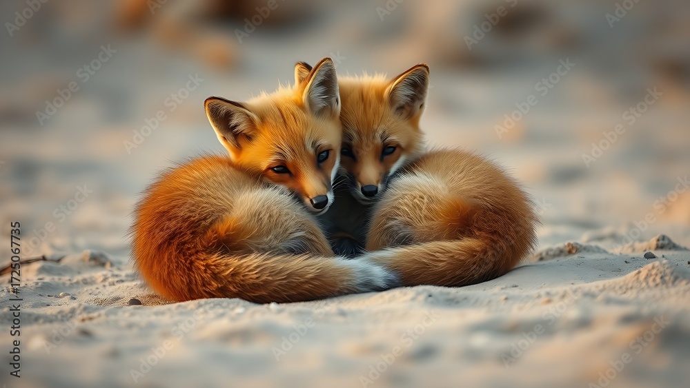 Fototapeta premium Two fox cubs nestled together on sandy shore, bathed in soft morning light with detailed fur textures.