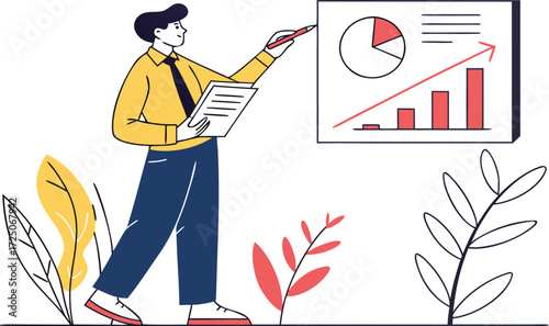 Man Presenting Business Data and Growth on Transparent Background Illustration