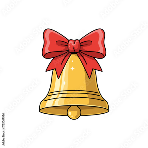 Holiday Bell Illustration Festive Golden Bell with Red Bow - Christmas Cheer