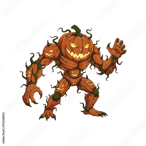 Pumpkin Monster with Halloween Horror Ready to Haunt with Sinister Claws and Pumpkin Faces