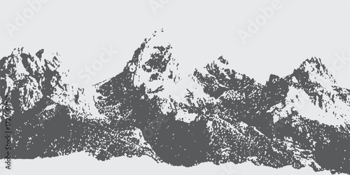 Monochrome mountain silhouette artwork with textured details, Abstracted dotted mountain range with a pointillist grunge texture