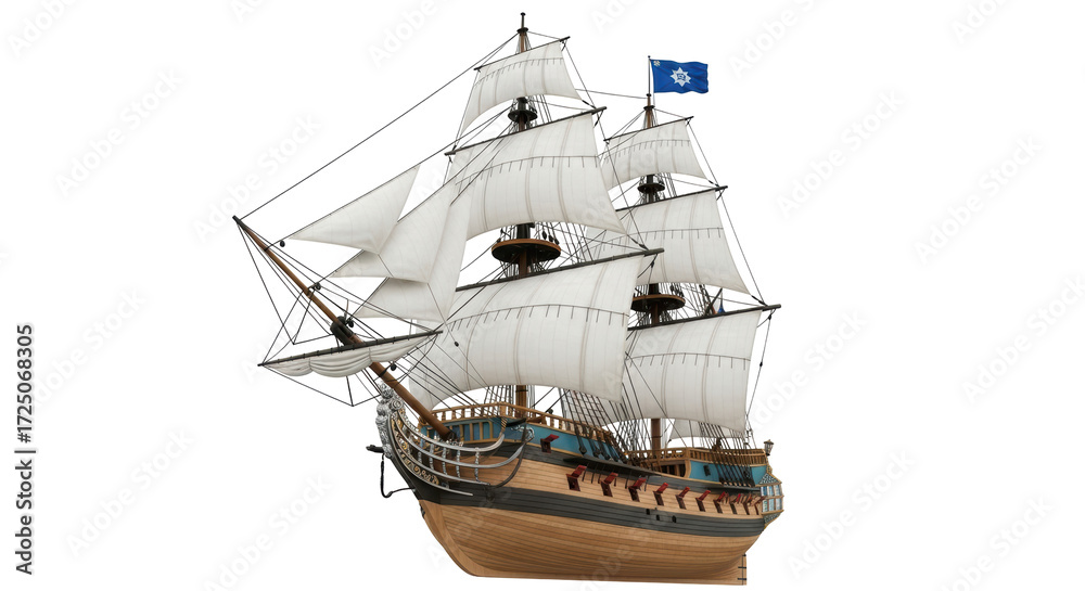 Naklejka premium Isolated ship sailing, a majestic vessel with full sails, maritime history and nautical adventure