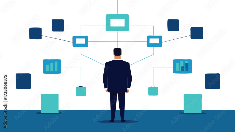Fototapeta premium Businessman Analyzing Data Network Connection on Transparent Background Illustration businessman