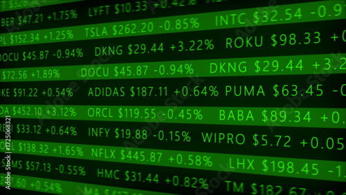 Cuadro en lienzo Stock Market Ticker Display with Green Glowing Text and Financial Data Keywords: