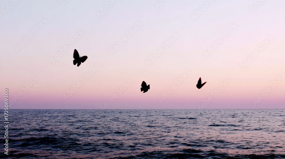 Fototapeta premium Butterflies are dancing by the seaside at sunset