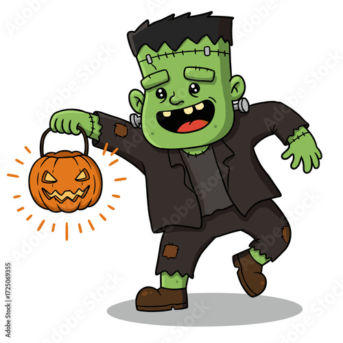 A cartoon Frankenstein dances with a glowing pumpkin bucket, mixing spooky style with festive Halloween fun.