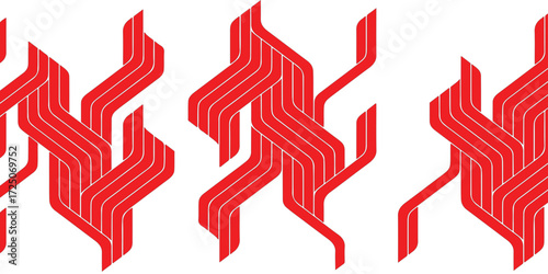 Repeating pattern of red, stylized, interwoven lines on a white background, creating an abstract, geometric design.