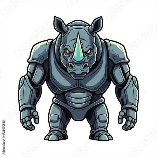 Futuristic sci-fi illustration of a powerful rhinoceros wearing advanced metallic battle armor, a concept of nature fused with technology