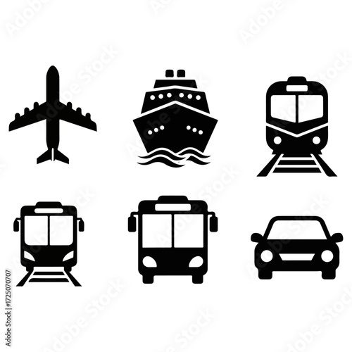 Transportation Icons Depicting Airplane, Ship, Train, Bus, and Car.