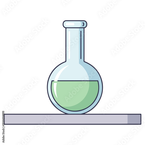 Laboratory flask with green liquid on a shelf.