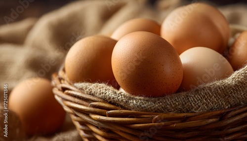 Fresh eggs in basket with morning sunlight