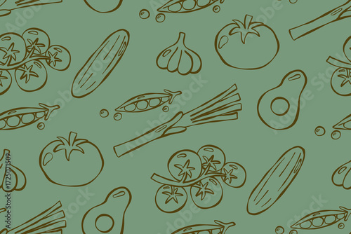 Seamless pattern with vegetables print. Good for textile, surface design, wallpapers, kitchen vibes, vegetarian posters, menu and recipes