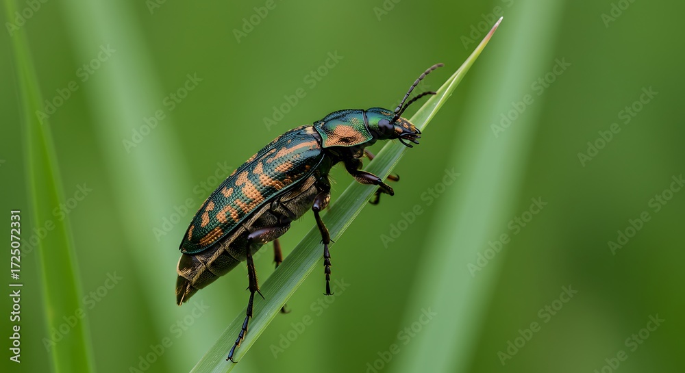 Naklejka premium Colorful beetle on grass blade