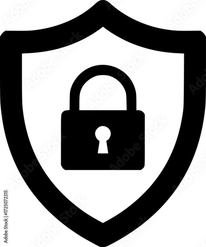 black shield with a padlock in the center, simple, isolated on white background
