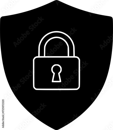 black shield with a padlock in the center, simple, isolated on white background