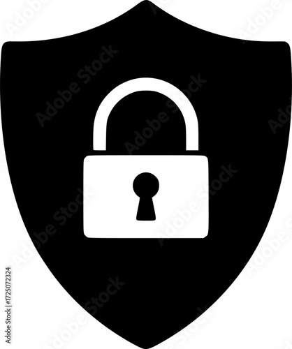 black shield with a padlock in the center, simple, isolated on white background