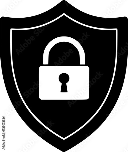 black shield with a padlock in the center, simple, isolated on white background