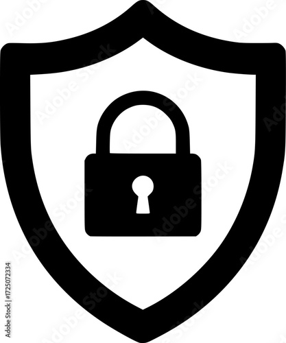 black shield with a padlock in the center, simple, isolated on white background