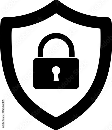 black shield with a padlock in the center, simple, isolated on white background
