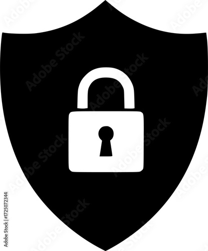 black shield with a padlock in the center, simple, isolated on white background