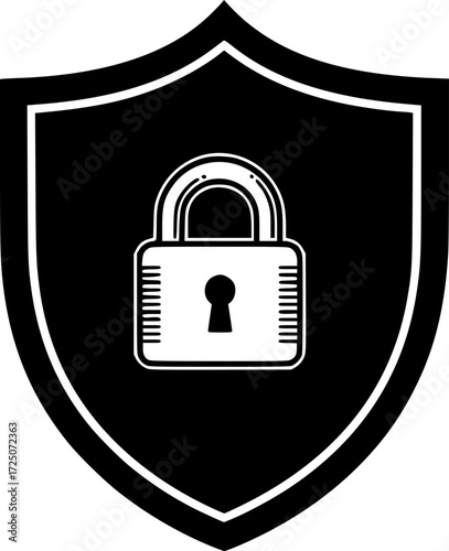 black shield with a padlock in the center, simple, isolated on white background
