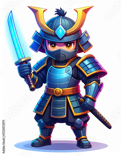 Cartoon Style Detailed Samurai Warrior Character Design with Glowing Sword Illustration