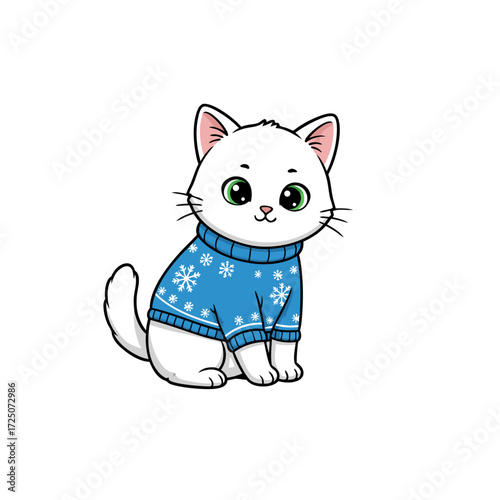 Adorable White Kitten in Blue Knit Sweater