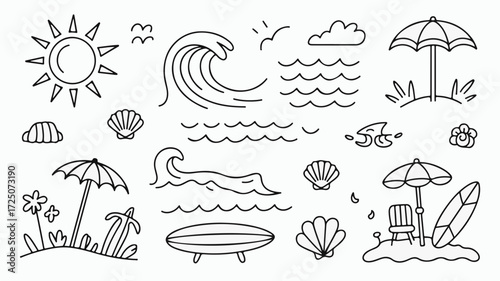 Dreamy summer vacation vibes with fun beach doodles, perfect for seaside promotions and sunny holiday designs with a touch of charming line art