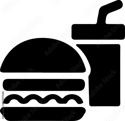 Burger and Drink Silhouette Vector Icon with Soda Cup and Hamburger Layers for Fast Food and Restaurant Menu Design
