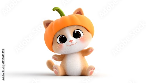 3D cute cat in pumpkin costume on white background for Halloween day