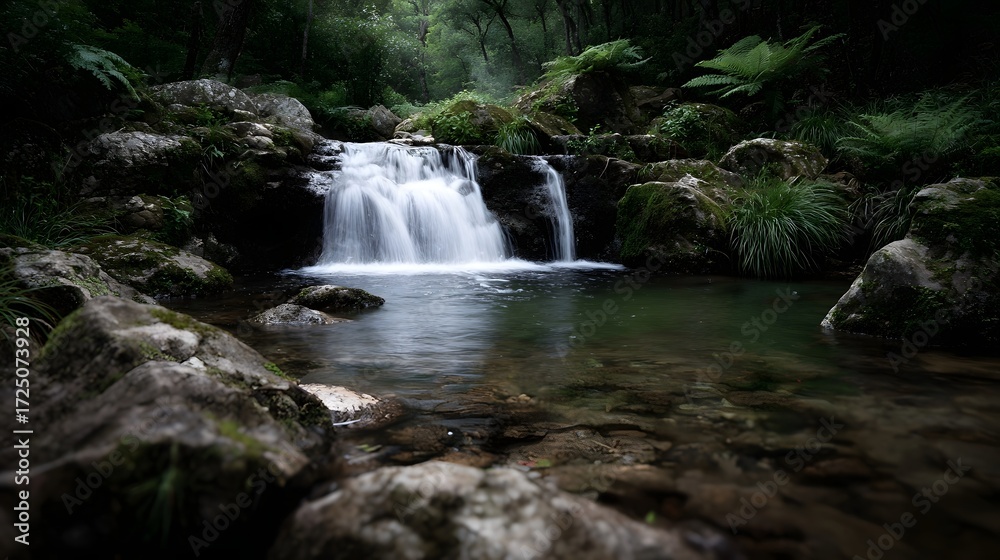 Fototapeta premium A serene waterfall cascades into a clear pool within a lush green forest