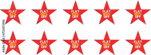 Ten Red Star Shaped Discount Badges Showing Flat Percentage Off Sales vector