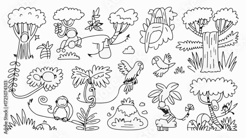 Explore a whimsical jungle with playful monkeys, colorful parrots, and lush trees in this charming doodle art originally a scalable vector graphic