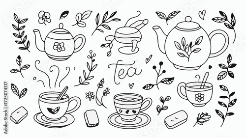 Charming hand-drawn style tea time illustration featuring teapots, cups, pastries, and botanical elements for cozy, inviting branding and design projects