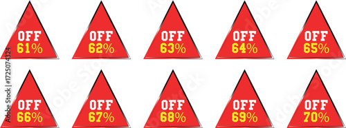 Red Triangle Discount Badges Showing Percentages From Sixty One To Seventy Off sale
