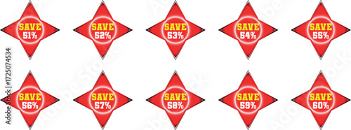 Ten red starburst badges with yellow text saving fifty one to sixty percent save