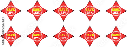 Red starburst discount badges showing save 21 percent to 30 percent sale