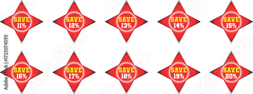 Ten Red Starburst Sale Badges with Save Percentages 11 to 20 discount