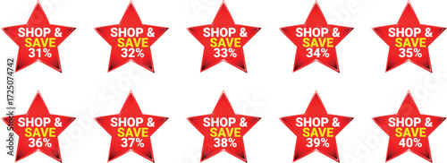Ten Red Star Badges Displaying Shop and Save Percentages from 31 to 40 sale discount