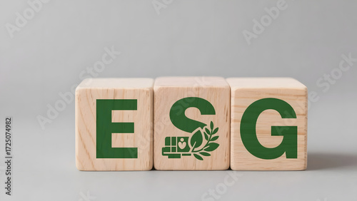Wooden blocks spelling out ESG representing environmental, social, and governance principles for sustainable business and ethical investment strategies