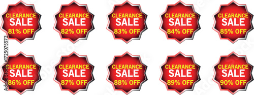 Ten red starburst badges displaying clearance sale discounts from 81 to 90 percent off offer