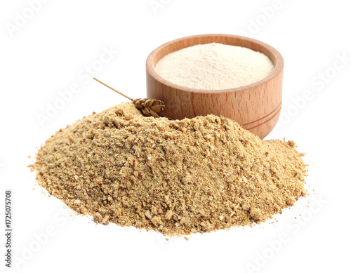 Wheat germ powder in a scoop isolated on white, a nutritious dietary supplement.